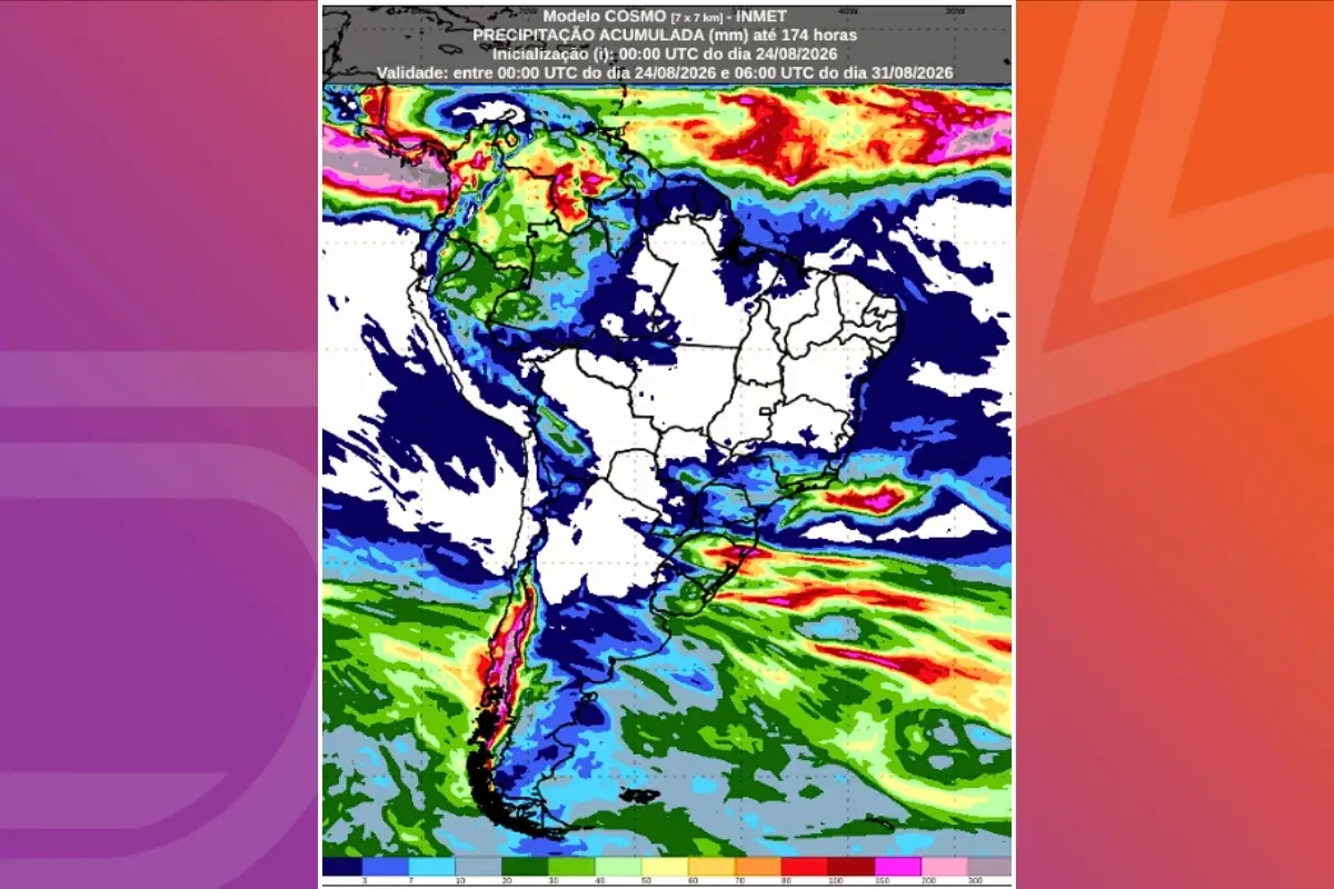 Previsão de chuva acumulada até o dia 31 de agosto deste ano.- Fonte: Inmet