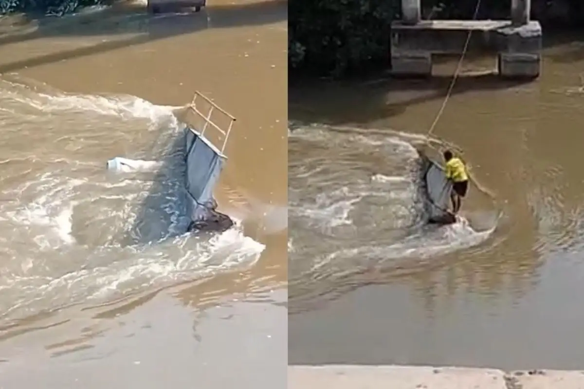 O veículo pesado caiu nas águas do Rio Taquari. Das duas pessoas que estavam na cabine, uma conseguiu sair com vida, mas o motorista continua desaparecido. caminhoneiro