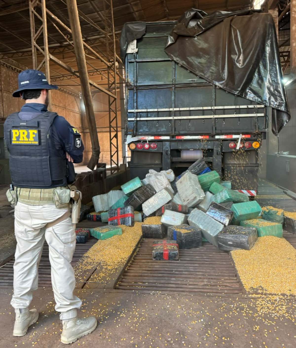 Entorpecente estava distribuído em sacos plásticos no compartimento de carga, (Foto: PRF)