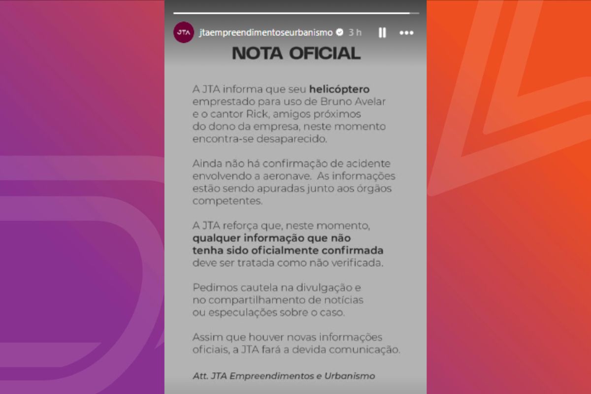 Nota emitida pela empresa JTA nas redes sociais. - Foto: Instagram/Reprodução